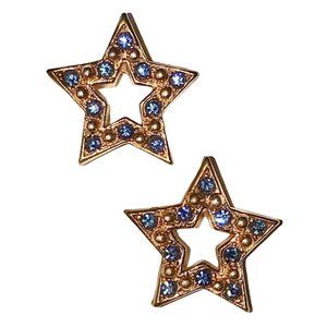 AVON Earrings 1994 Signed Sparkle Star Post Back Gold Tone Blue Rhinestone 3/4"